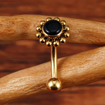 Gold rook piercing with a natural gemstone a black agate rook barbell titanium 16G flower rook earring Ashley Piercing Jewelry