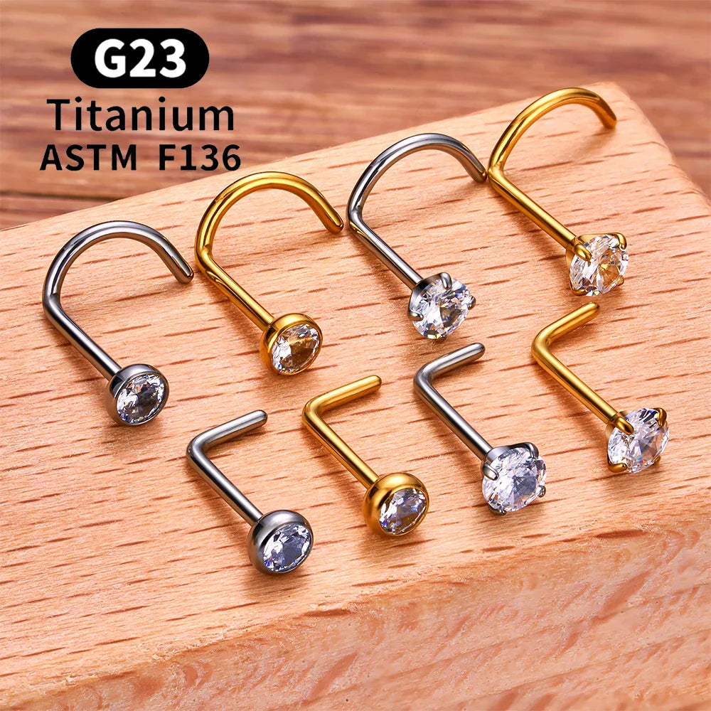 20 gauge L shaped nose ring with a round CZ stone titanium nose stud silver and gold Ashley Piercing Jewelry