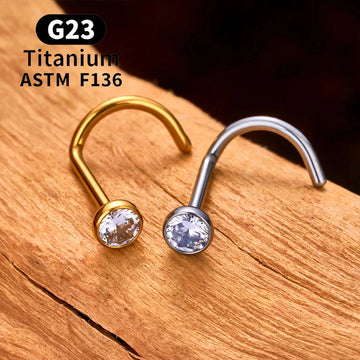 Gold corkscrew nose ring titanium screw nose stud 20G with CZ Ashley Piercing Jewelry