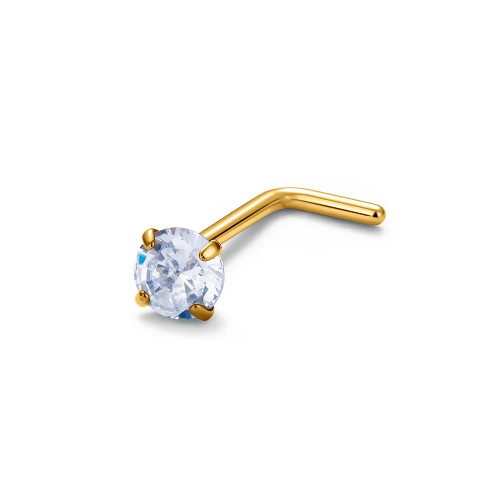 L shape nose stud with diamond titanium 20 gauge gold and silver nose ring Ashley Piercing Jewelry