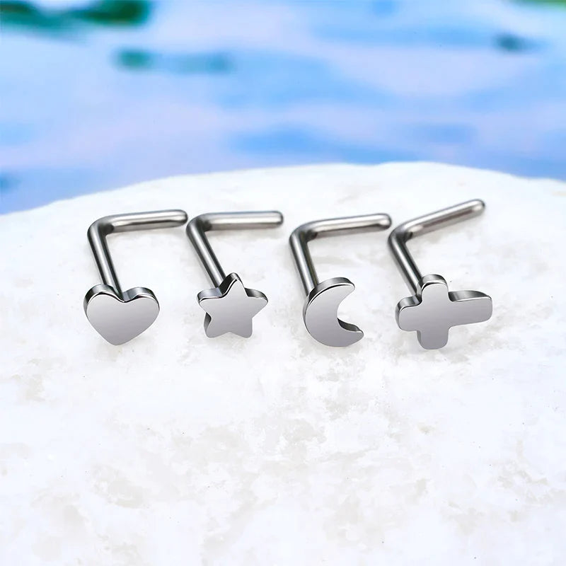 Titanium nose stud L shape with the moon silver 20 gauge nose ring Ashley Piercing Jewelry