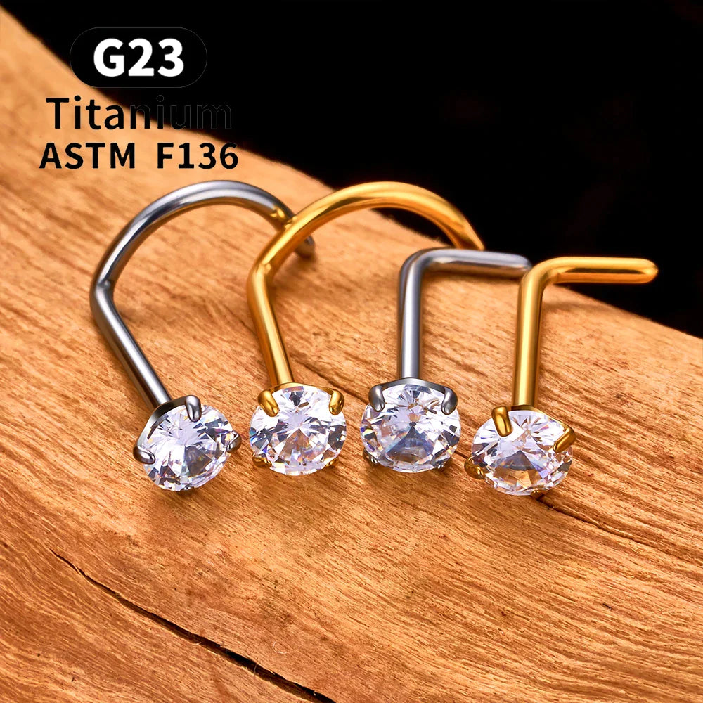 L shape nose stud with diamond titanium 20 gauge gold and silver nose ring Ashley Piercing Jewelry