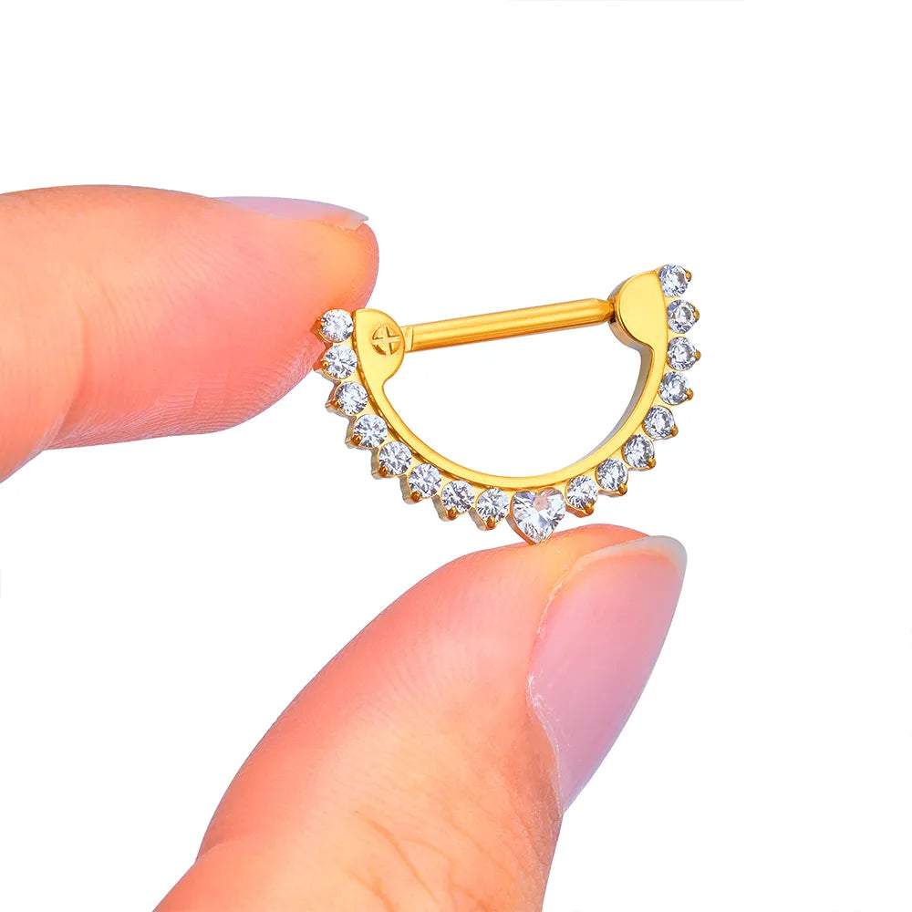 Half-circle nipple ring 14g gold and silver with CZ stones implant-gra