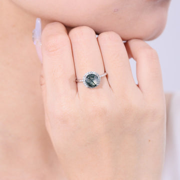 Moss agate promise ring round cut halo ring in silver Rosery Poetry