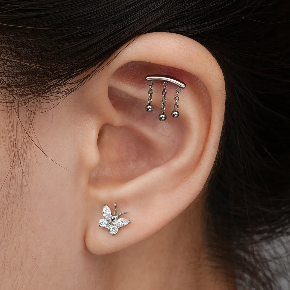 Labret piercing stud cute with a butterfly 16G implant-grade titanium flat back CZ stone Ashley Piercing Jewelry