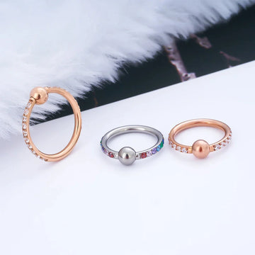 Anello con perline prigioniere, cerchio per piercing a conchiglia, oro, argento, oro rosa, titanio, con pietre CZ, calibro 16, 8 mm, 10 mm.