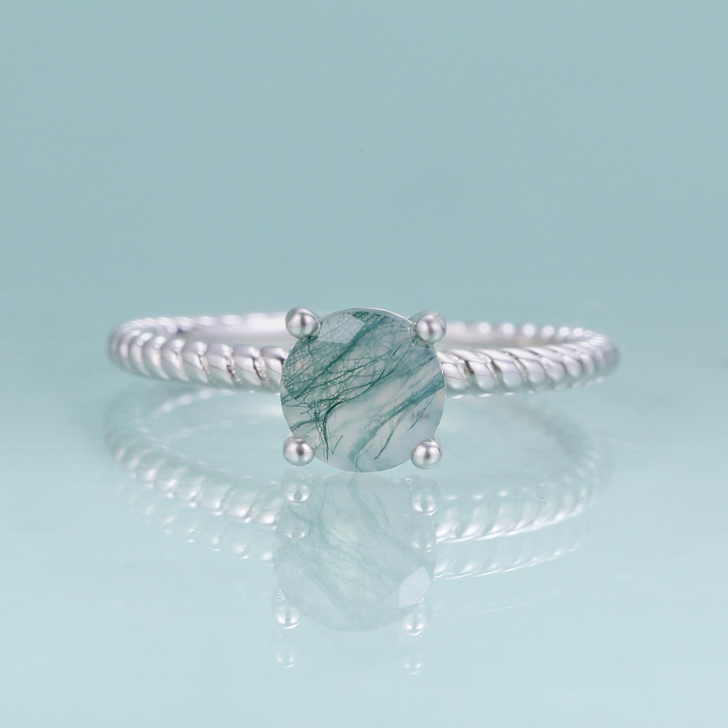 Women's moss agate ring solitaire ring minimalist and dainty in silver Rosery Poetry
