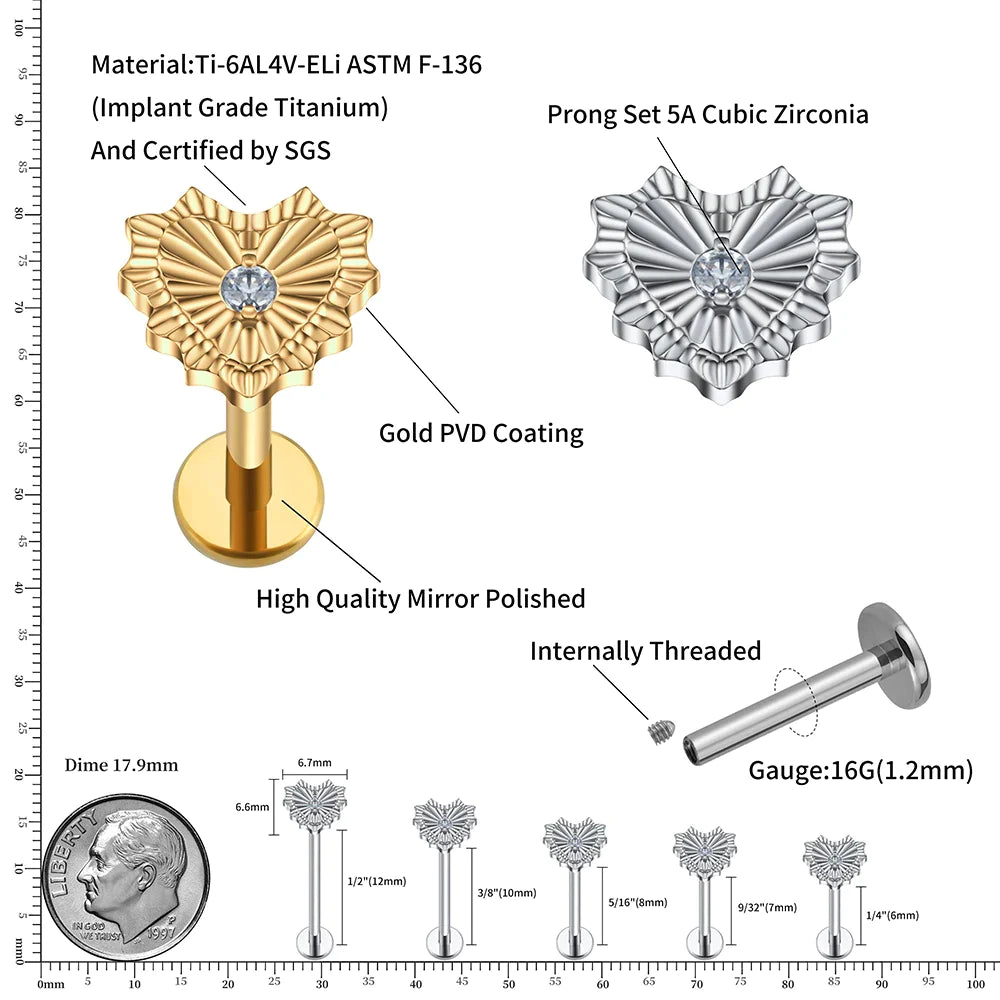 Implant grade titanium stud earring heart-shaped flat back 16G gold silver Ashley Piercing Jewelry