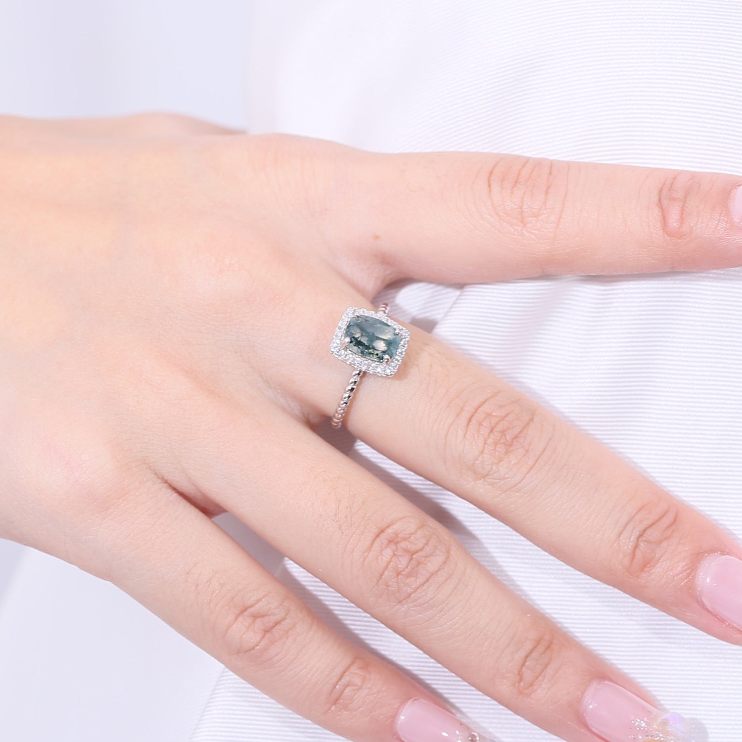 Moss agate engagement ring in silver halo ring rectangle shaped Rosery Poetry
