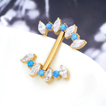 Barra de piercing de mamilo Barra de mamilo dourada 14g com pedras de opala azul titânio grau de implante 1 peça