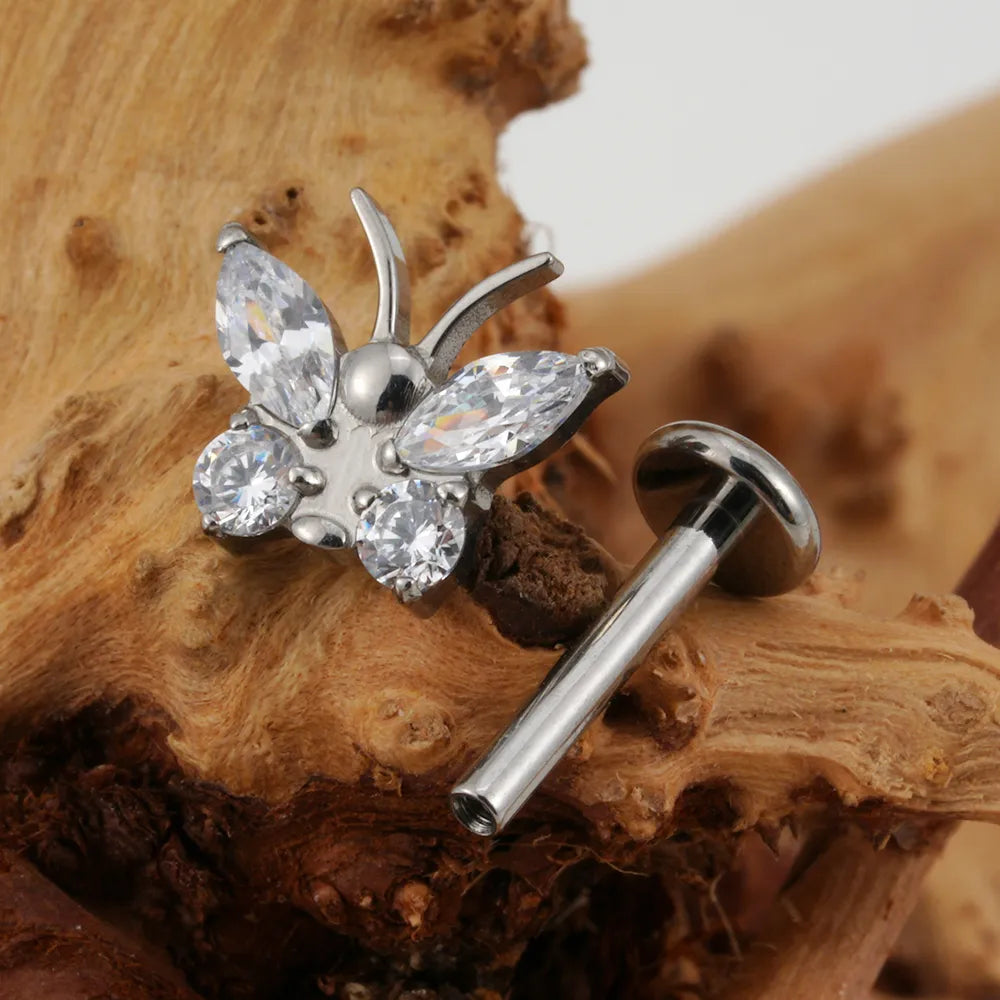 Labret piercing stud cute with a butterfly 16G implant-grade titanium flat back CZ stone Ashley Piercing Jewelry