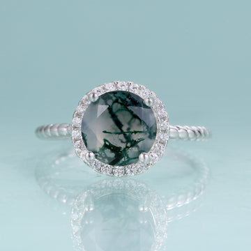 Moss agate promise ring round cut halo ring in silver Rosery Poetry