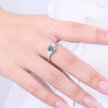 Emerald cut moss agate ring in silver Rosery Poetry