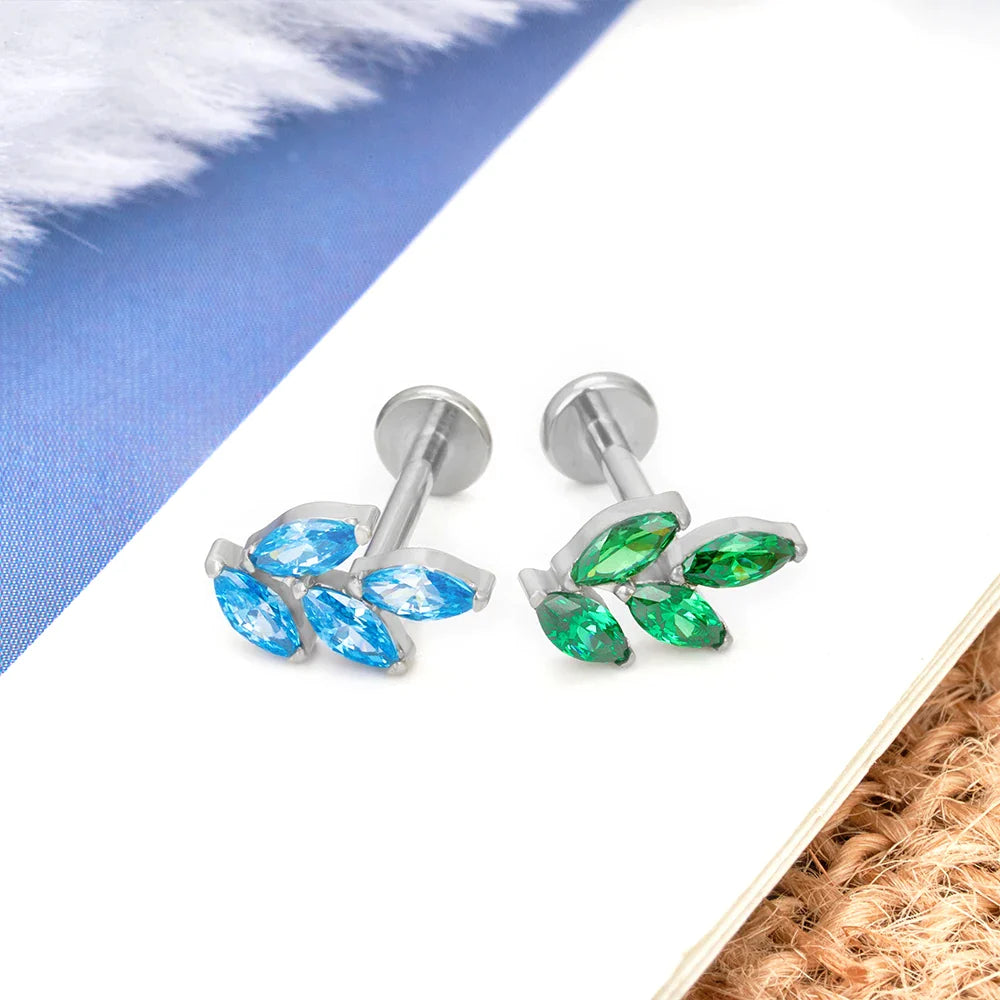 Forward helix stud 16G titanium leaf with CZ stones cute white pink green blue Ashley Piercing Jewelry