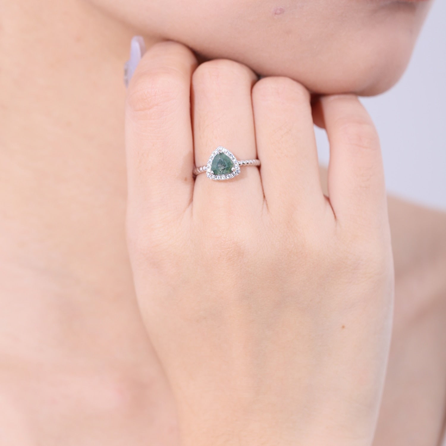 Moss agate ring trillion-cut in 925 sterling silver Rosery Poetry