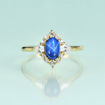 Anel de noivado estilo vintage com estrela azul de safira