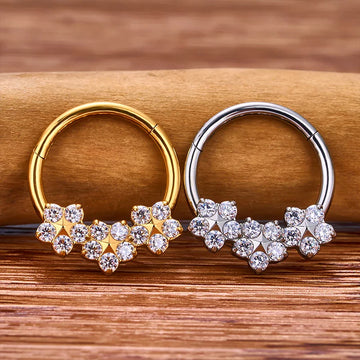 Flower septum ring 16G gold and silver titanium with CZ stones daith piercing jewelry nose rings Ashley Piercing Jewelry