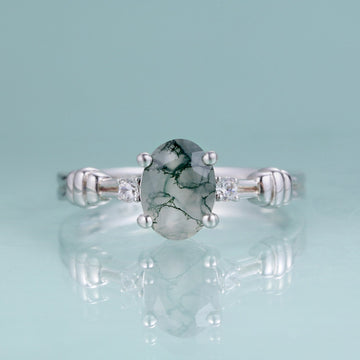 Nature-inspired moss agate engagement ring in silver Rosery Poetry