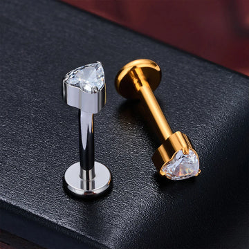 Brinco de titânio com diamante em forma de coração ouro 16G prata