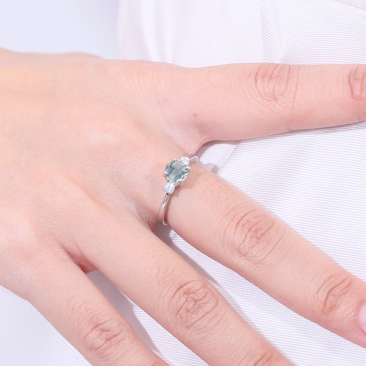 Green moss agate ring classic three-stone engagement ring in silver Rosery Poetry