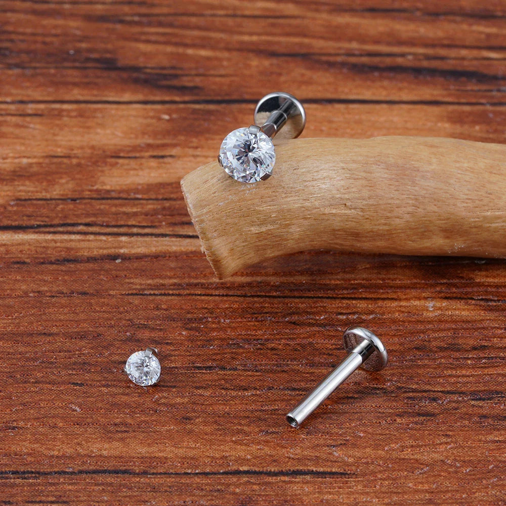 Single diamond stud earring with a cz stone titanium 2.5mm 3mm 4mm labret stud 16G flatback Ashley Piercing Jewelry