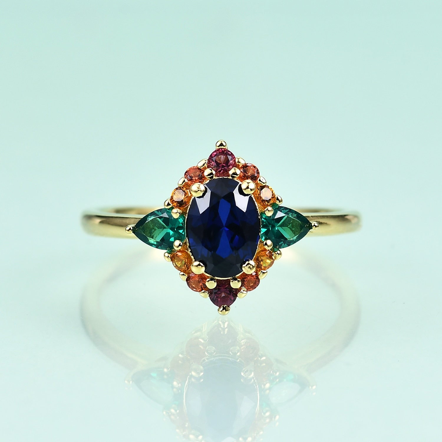 Blue sapphire ring with emerald art deco vintage style colorful ring Rosery Poetry