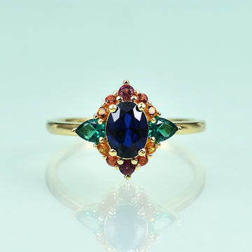 Anel de safira azul com esmeralda art déco estilo vintage anel colorido