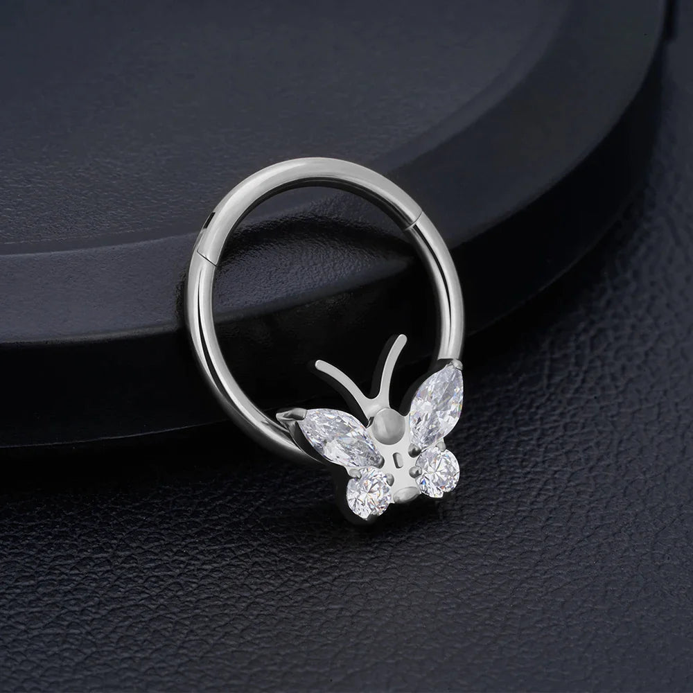 Butterfly nose ring gold silver with CZ stones septum piercing titanium nose clicker Ashley Piercing Jewelry