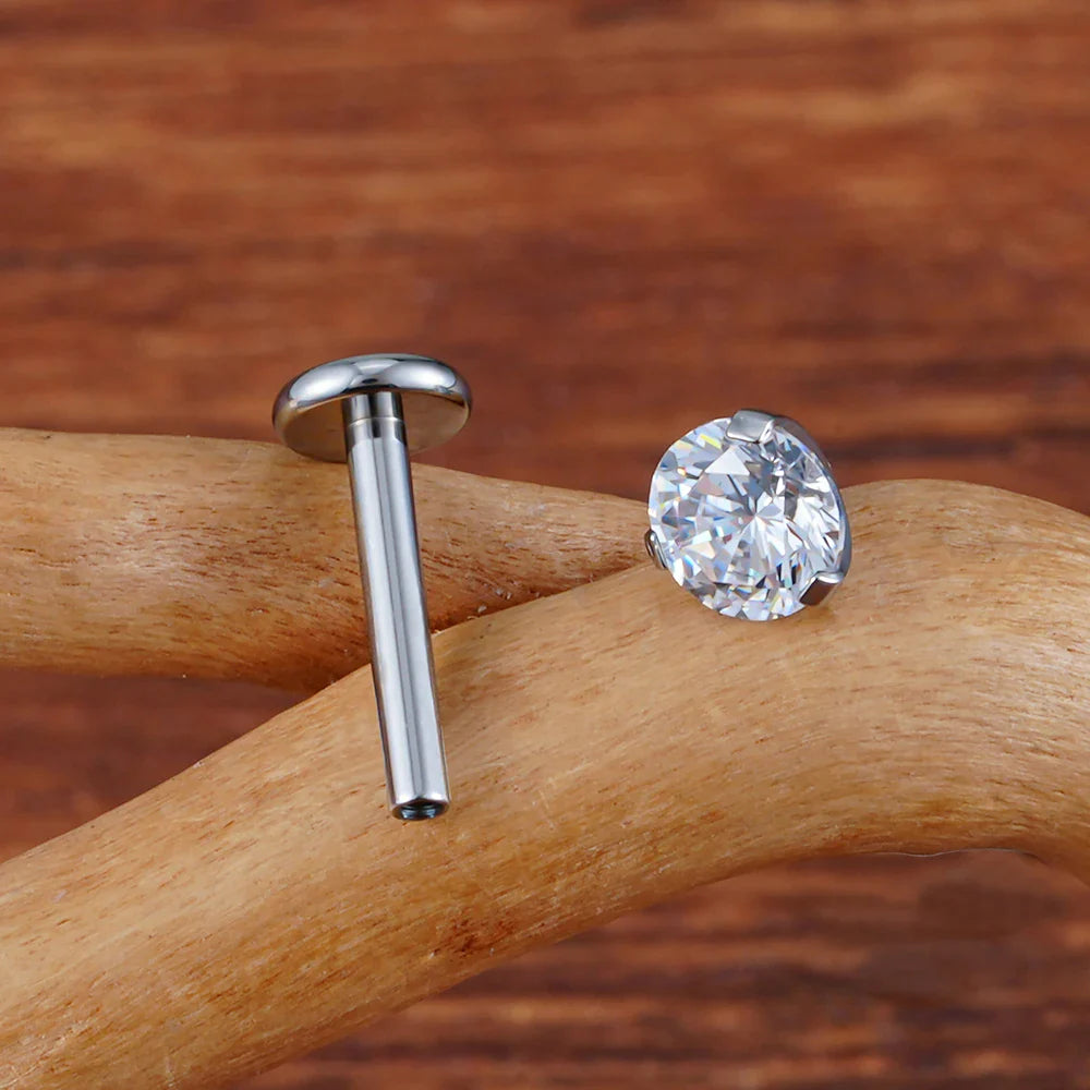 Single diamond stud earring with a cz stone titanium 2.5mm 3mm 4mm labret stud 16G flatback Ashley Piercing Jewelry