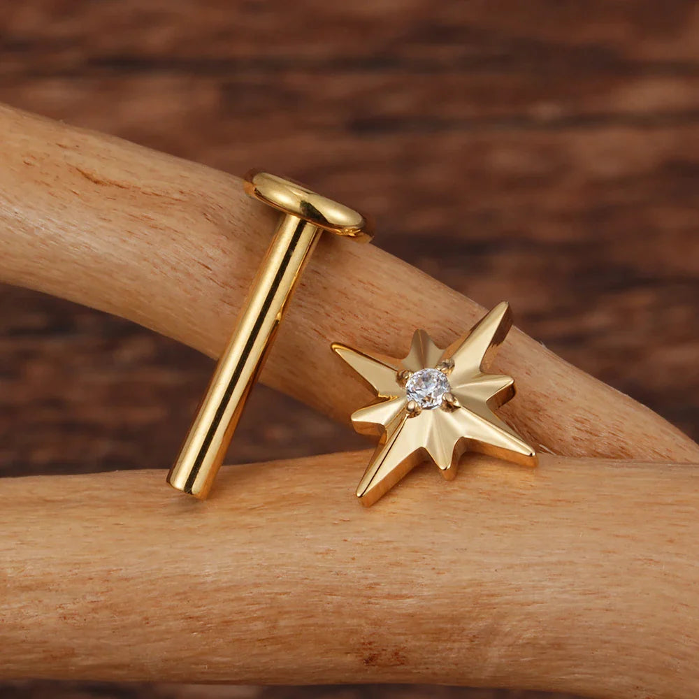 Conch Stud Basic Inner conch stud with a star and a diamond flat back 16 gauge gold sil