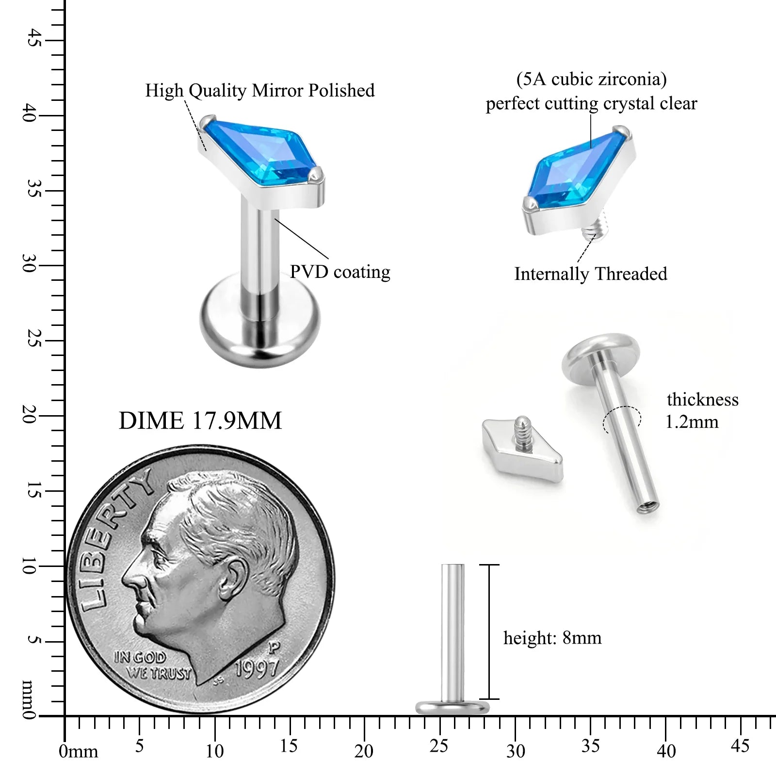 Diamond ashley piercing with a kite shape stone clear ashley piercing titanium lip piercing Ashley Piercing Jewelry