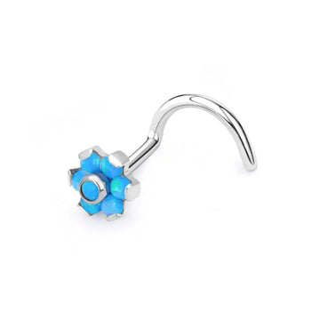 Opal nose ring corkscrew with white pink blue opal flower nose stud 20G titanium Ashley Piercing Jewelry