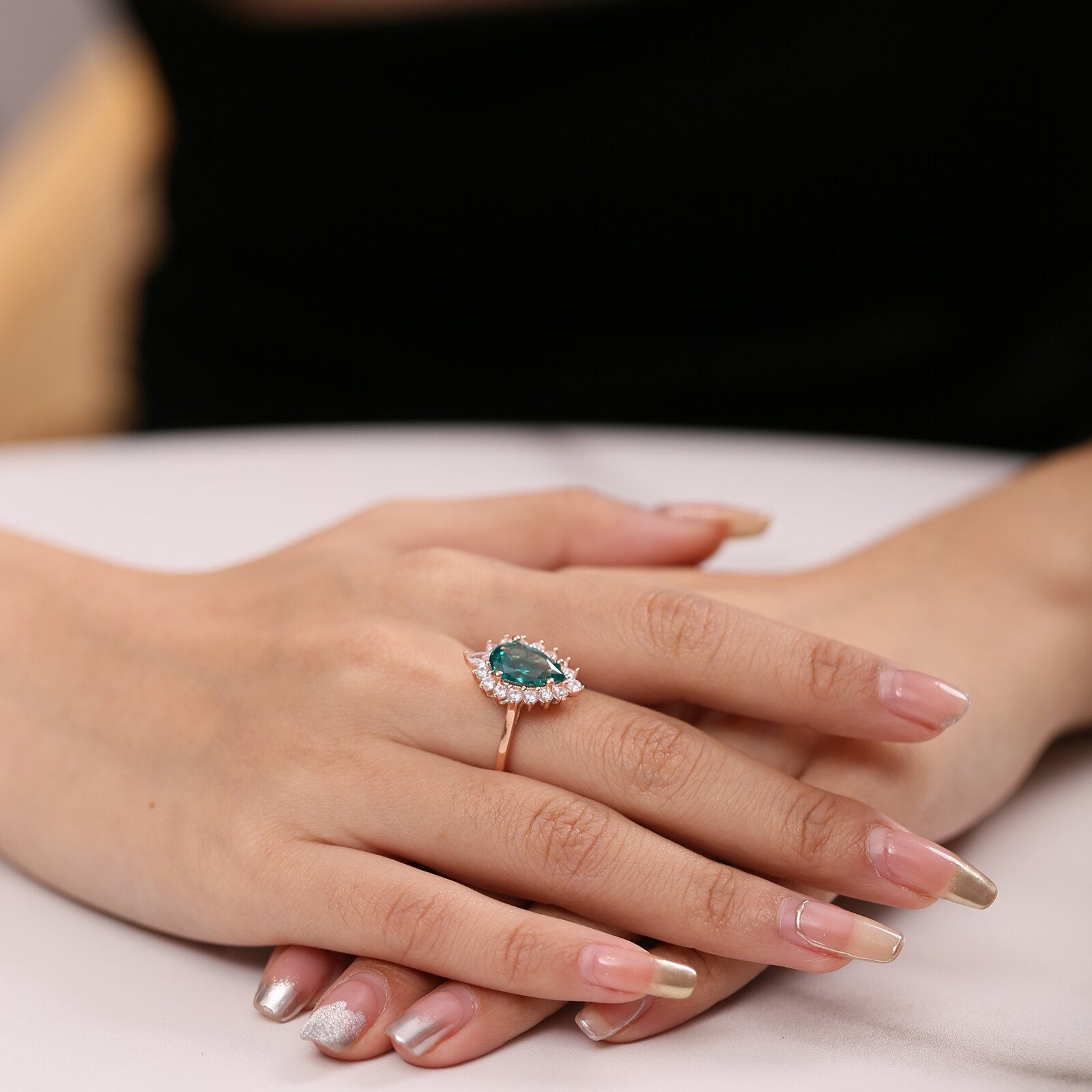 Green emerald engagement ring lab created rose gold teardrop Rosery Poetry