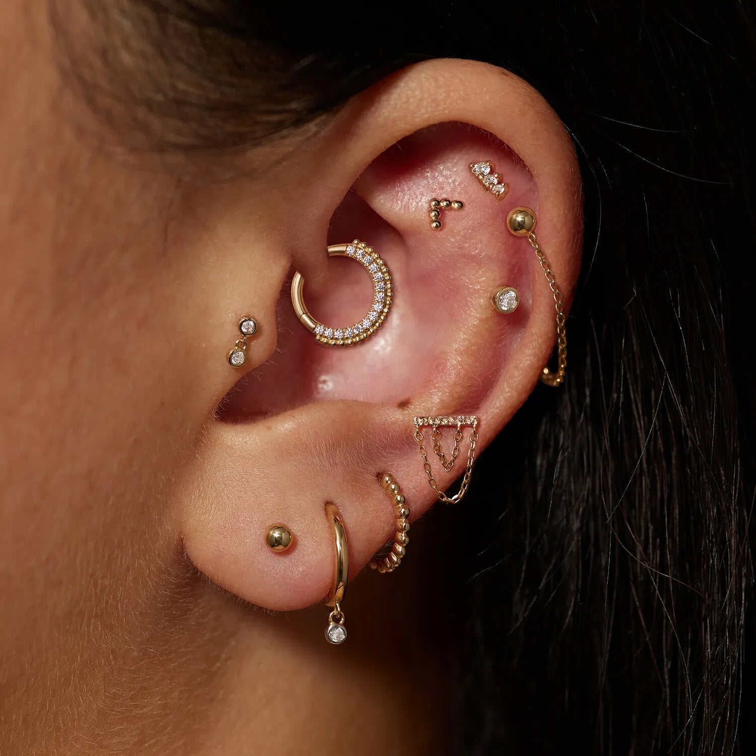 14K gold helix earring with chains conch earrings earlobe piercing jewelry labret stud Ashley Piercing Jewelry
