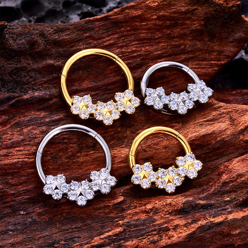 Flower septum ring 16G gold and silver titanium with CZ stones daith piercing jewelry nose rings Ashley Piercing Jewelry