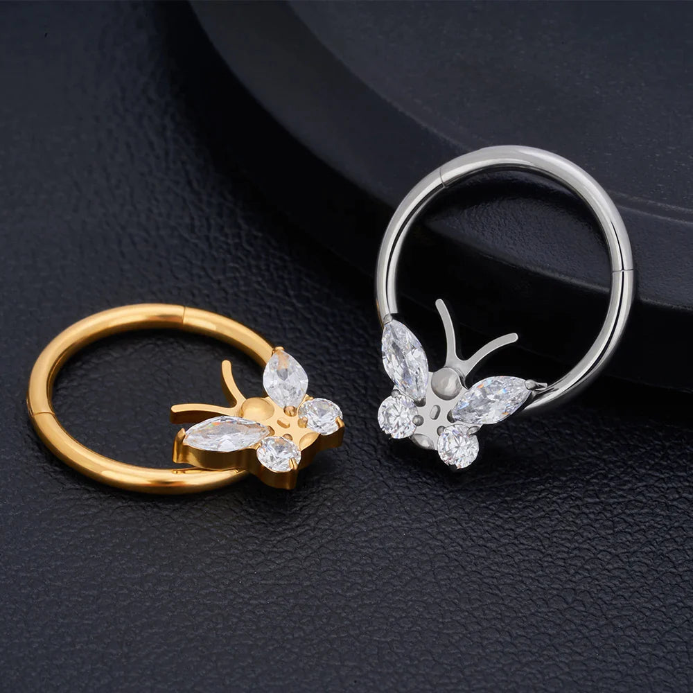 Butterfly nose ring gold silver with CZ stones septum piercing titanium nose clicker Ashley Piercing Jewelry