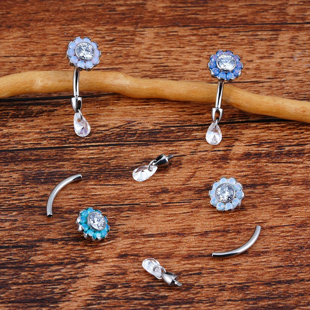 Cute rook piercing titanium flower rook earring with teardrop CZ 16G curved barbell