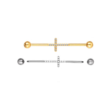 Titanium industrial barbell 16G 14G with a cross 35mm 36mm 38mm with CZ industrial bar piercing gold silver Ashley Piercing Jewelry